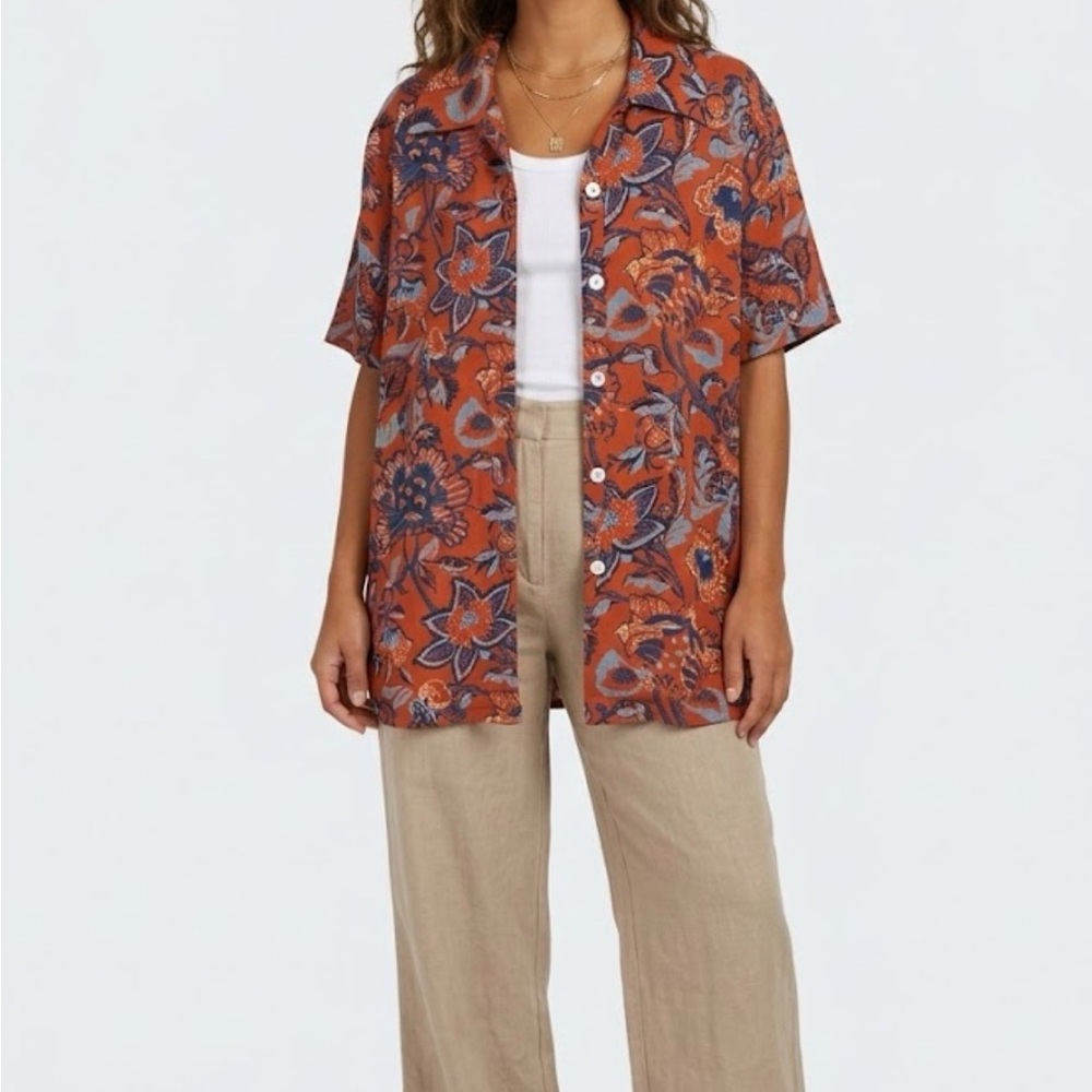 MAXOU Women's Vintage Rayon Shirt Medium M Floral Abstract Orange Blue USA Made